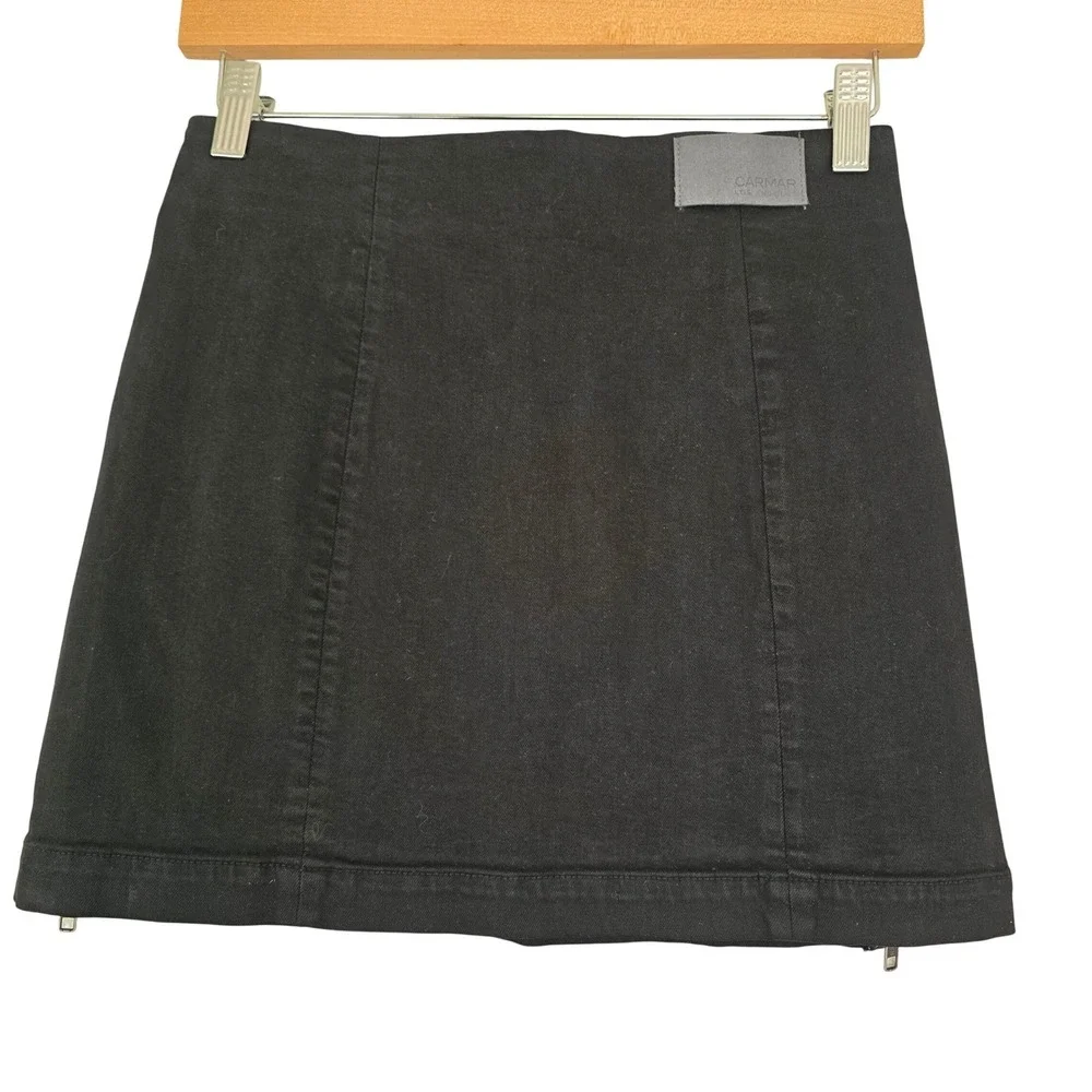 Carmar LA Denim Mini Skirt Womens 27 Double Zippers Stretch Edgy Moto Punk Black